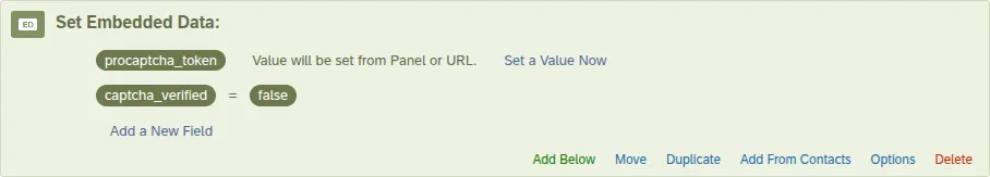 Embedded Data element with procaptcha_token from the URL and captcha_verified set to false
