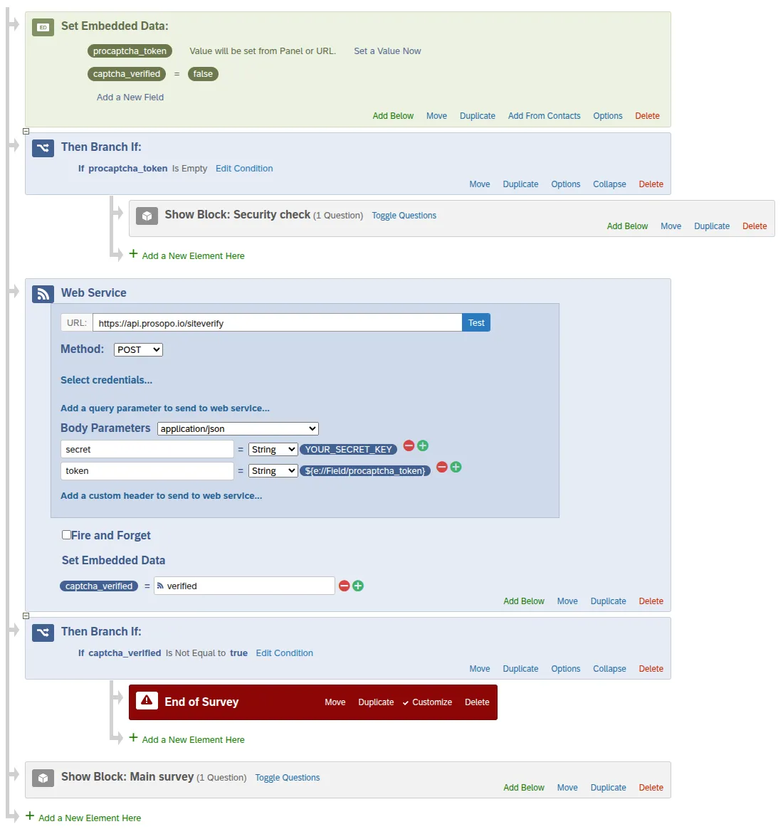 The finished Survey Flow: Embedded Data, a branch showing the security check when there is no token, Web Service, a branch ending the survey if not verified, then the main survey block
