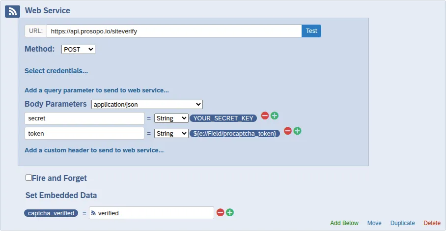 Web Service element posting secret and token as JSON to the Prosopo siteverify endpoint